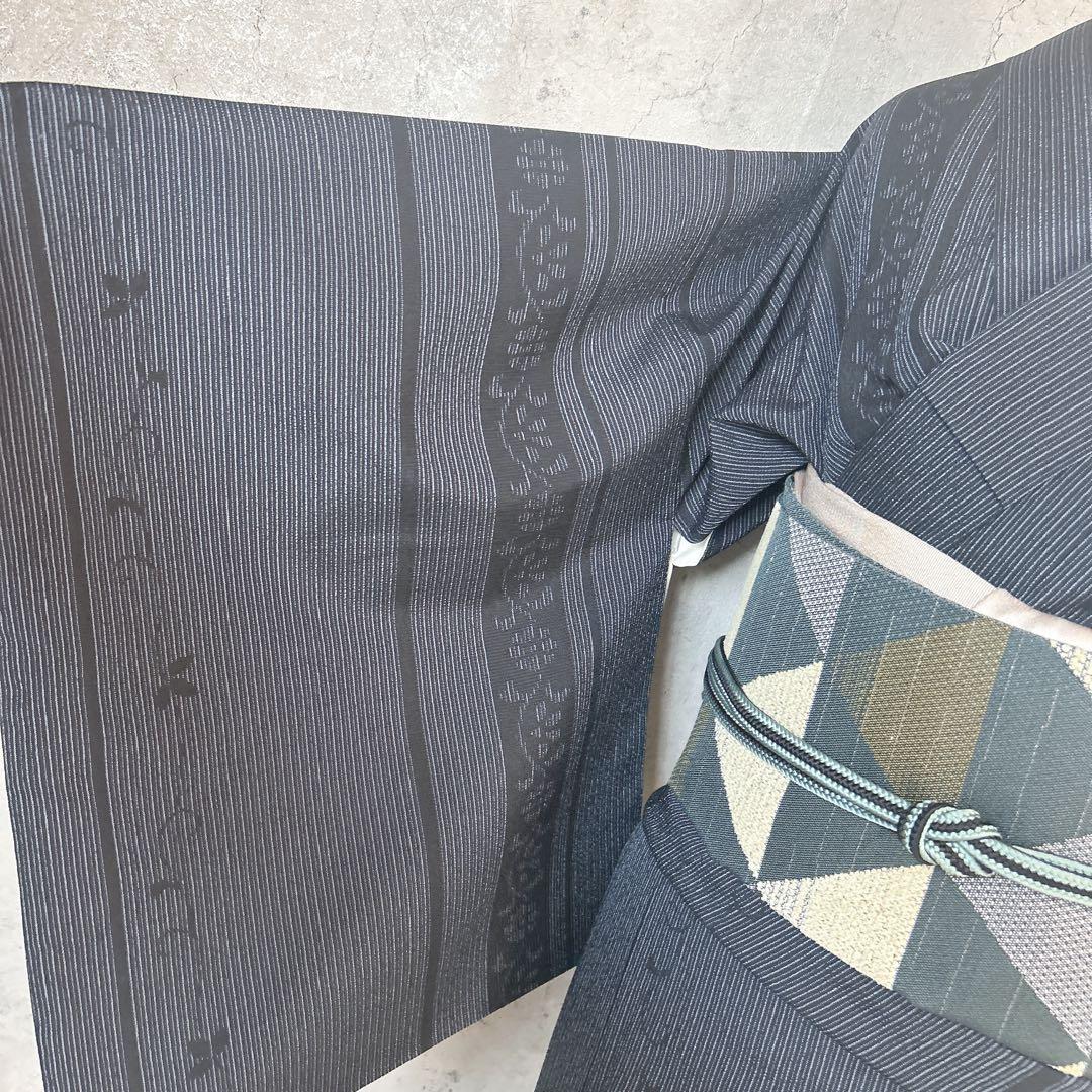 小紋　フルセット　着物　正絹　縦縞　唐草　シャレ帯　紬　p3