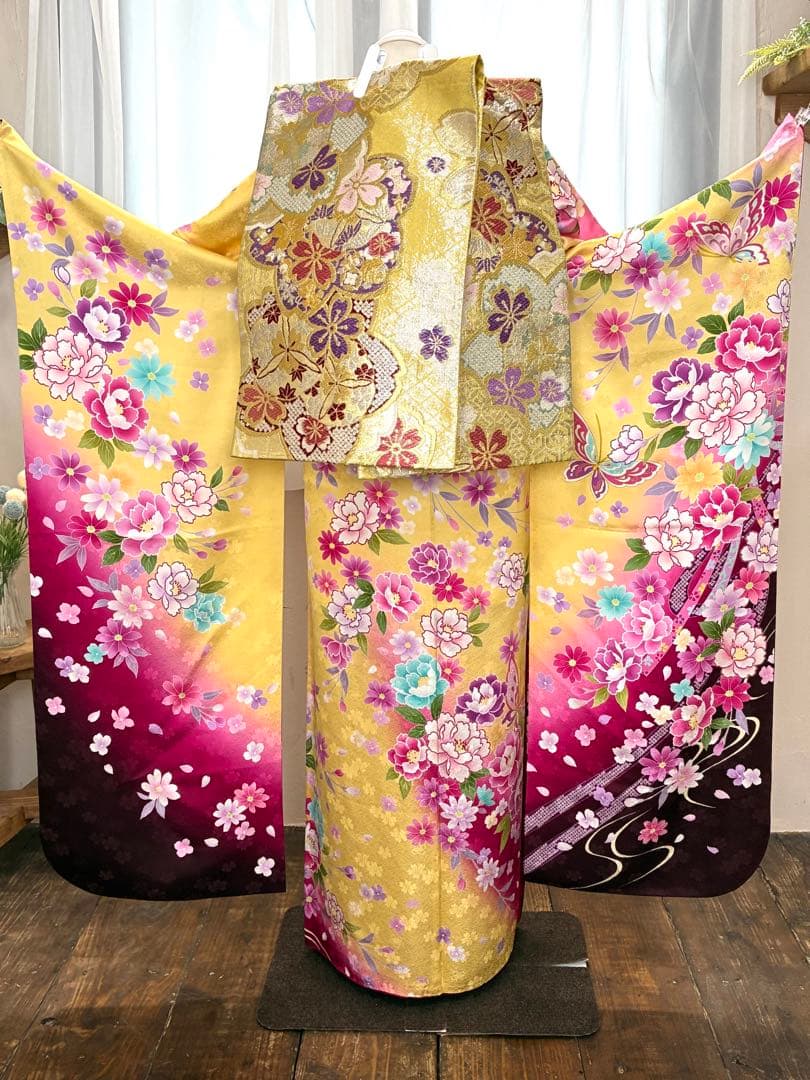 振袖フルセット　1127 黄色　正絹　振袖　格安！