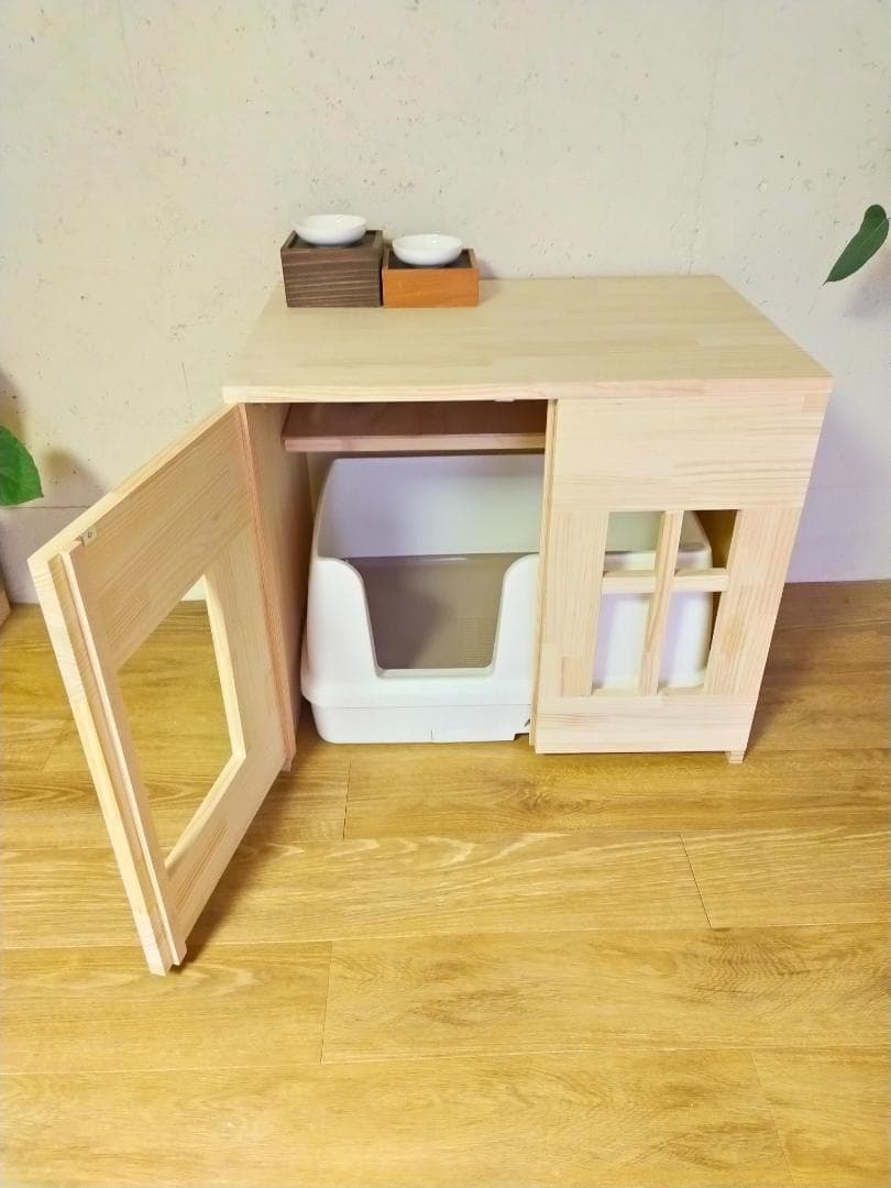 デオトイレ快適ワイドにぴったりな猫トイレカバー　ストッカー付き　(無塗装)