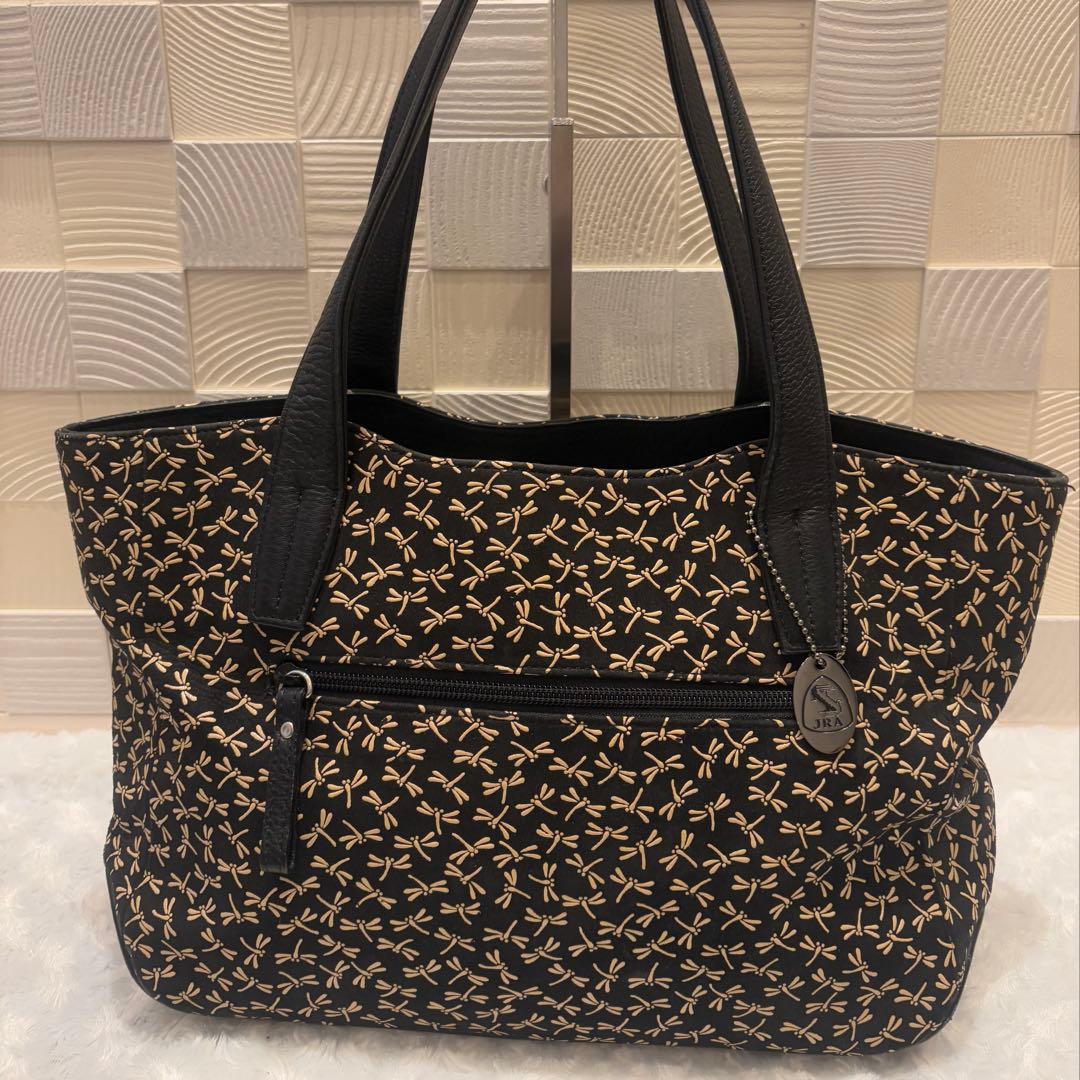 印伝　手提げ　ハンドバッグ　黒地　白漆　とんぼ　印傳屋 JRA公認　鹿革