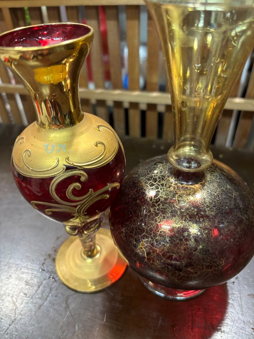 ベネチアンガラス 一輪挿し 赤と金のガラス花瓶 2点セット 大特価