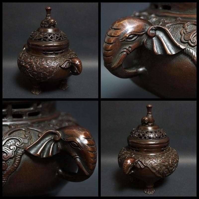 乾隆年製 銅製 金工細工『獅子文』香炉 象摘 象双耳 透かし蓋 三足香炉 銅製台
