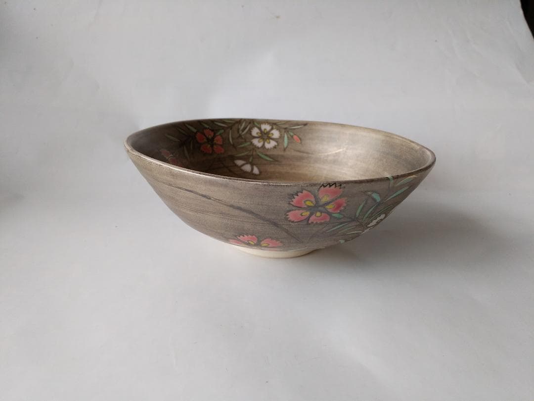 東福窯 中村能久 作 仁清写銀地撫子之図 平茶碗 京焼 共箱 共布 栞 新品