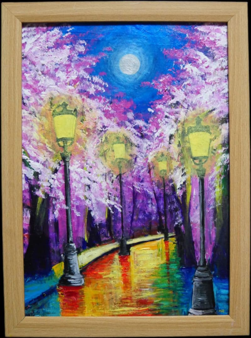 油絵 油彩 絵 絵画 【桜のライトアップ】 】