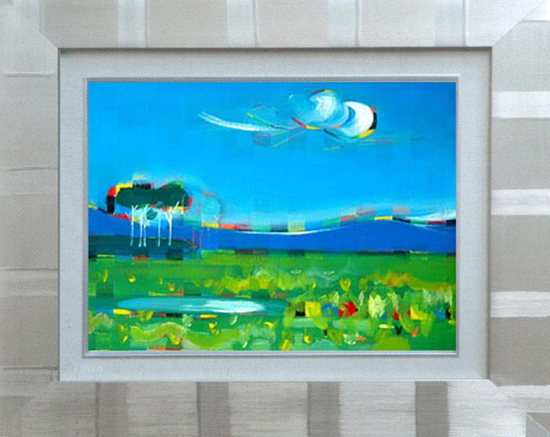 油絵 菅家令子 絵 絵画インテリア額付(青緑＋金色の枠) F4-080111風景