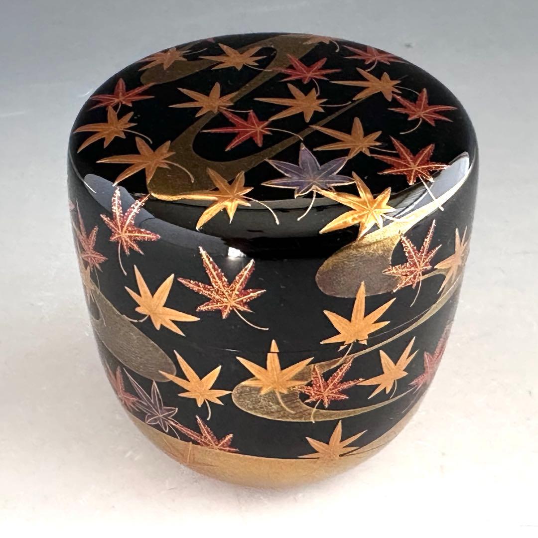 茶道具　竜田川蒔絵　内銀地　大棗　呉藤穣太郎　共箱　山中塗　漆芸　秋　紅葉　茶会