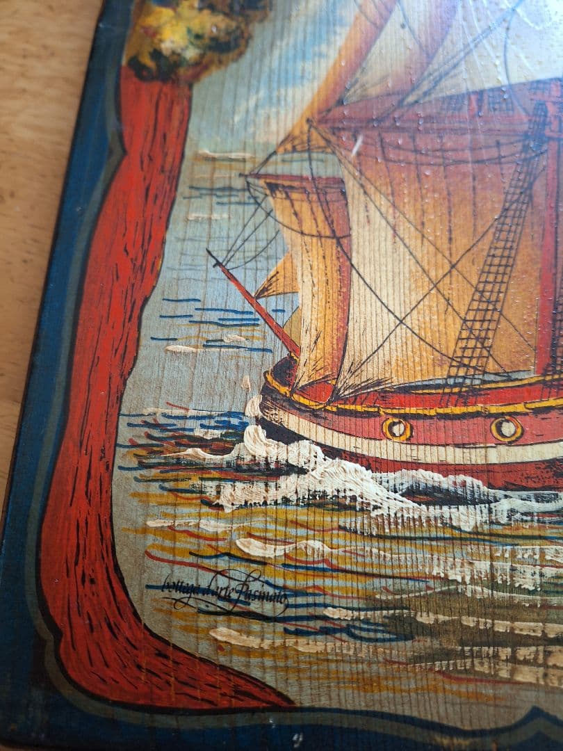 アンティーク　イタリア製　手描き木製　帆船　クイーン1817