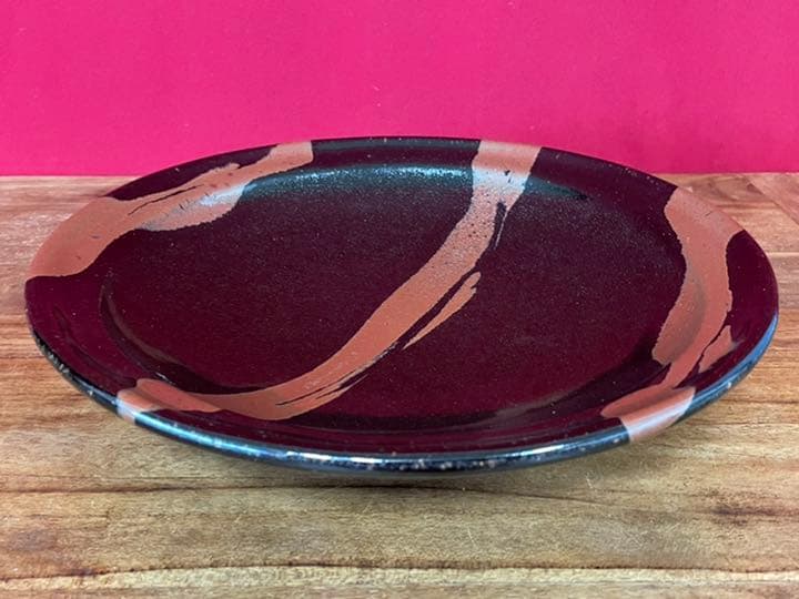 てつ濱田庄司(浜田庄司) 黒釉流描皿 濱田友緒識箱 益子焼人間国宝