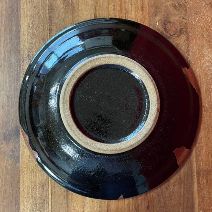 てつ濱田庄司(浜田庄司) 黒釉流描皿 濱田友緒識箱 益子焼人間国宝