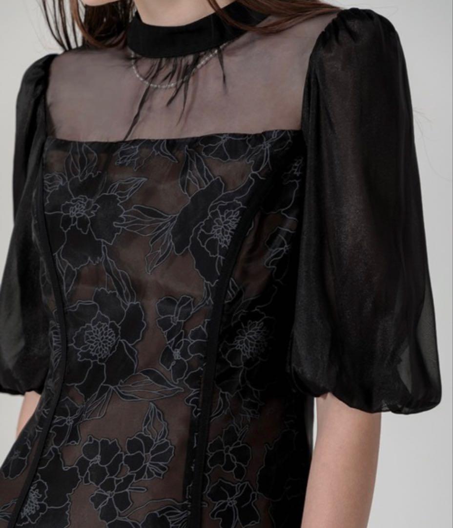 美品✨ Leja 花柄オーガンジーレース シアーパフスリーブドレス M ブラック