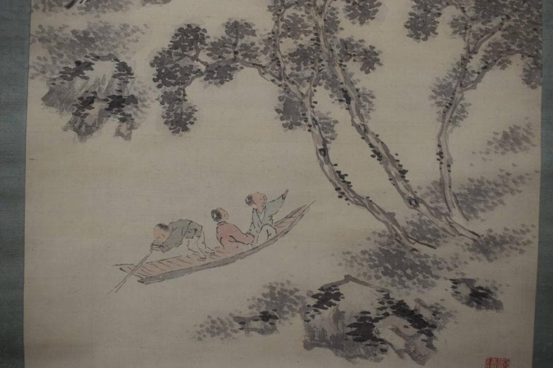 半雲/山水舟人物画賛/淡彩山水図/掛軸☆宝船☆Y-781　JM