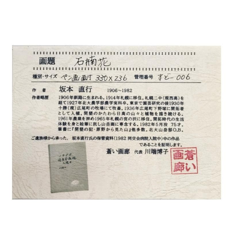 ☆坂本直行☆「 石楠花（しゃくなげ）」ペン画　大衣　未使用!