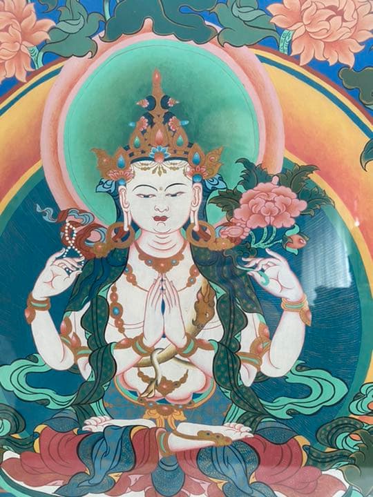 チベット　観音菩薩のタンカ　仏画　額入り