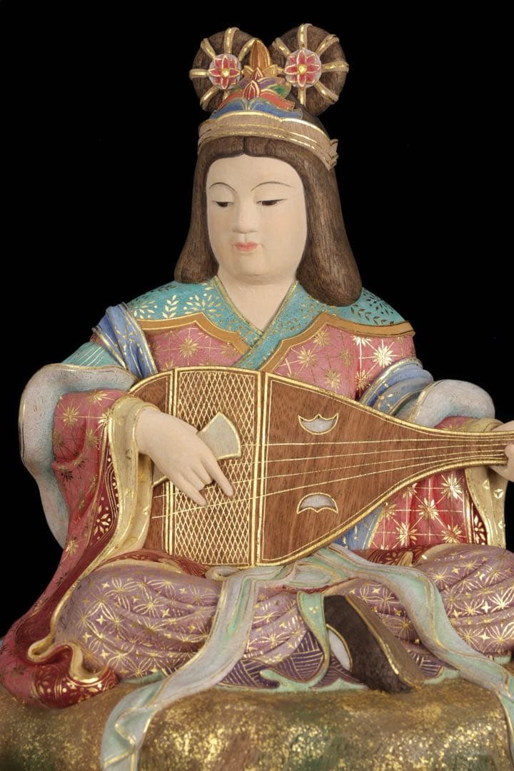 現代大仏師 向吉悠睦 秀逸作 木彫彩色像 琵琶を奏でる天女 ガラスケース 共箱付