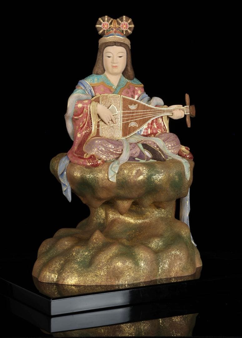 現代大仏師 向吉悠睦 秀逸作 木彫彩色像 琵琶を奏でる天女 ガラスケース 共箱付