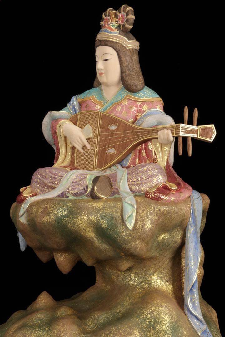 現代大仏師 向吉悠睦 秀逸作 木彫彩色像 琵琶を奏でる天女 ガラスケース 共箱付