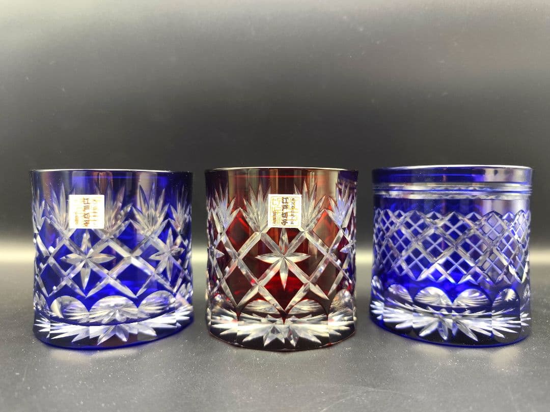 未使用品☆江戸切子 ロックグラス3客（切子、江戸切子、薩摩切子）