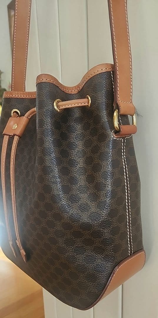 未使用【CELINE】マカダム柄　 巾着 ショルダー バッグ 　ヴィンテージ