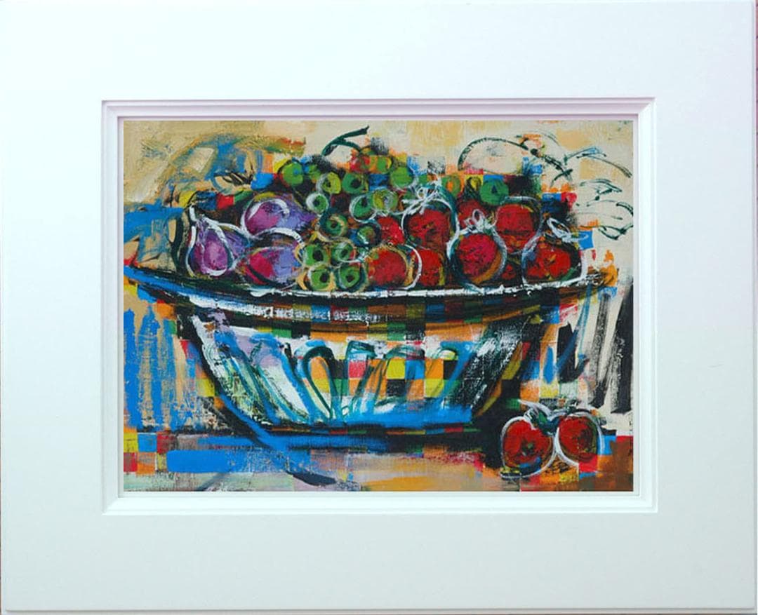 油絵 菅家令子絵 絵画インテリア 額付(青緑＋金色) uF6-120209 果物