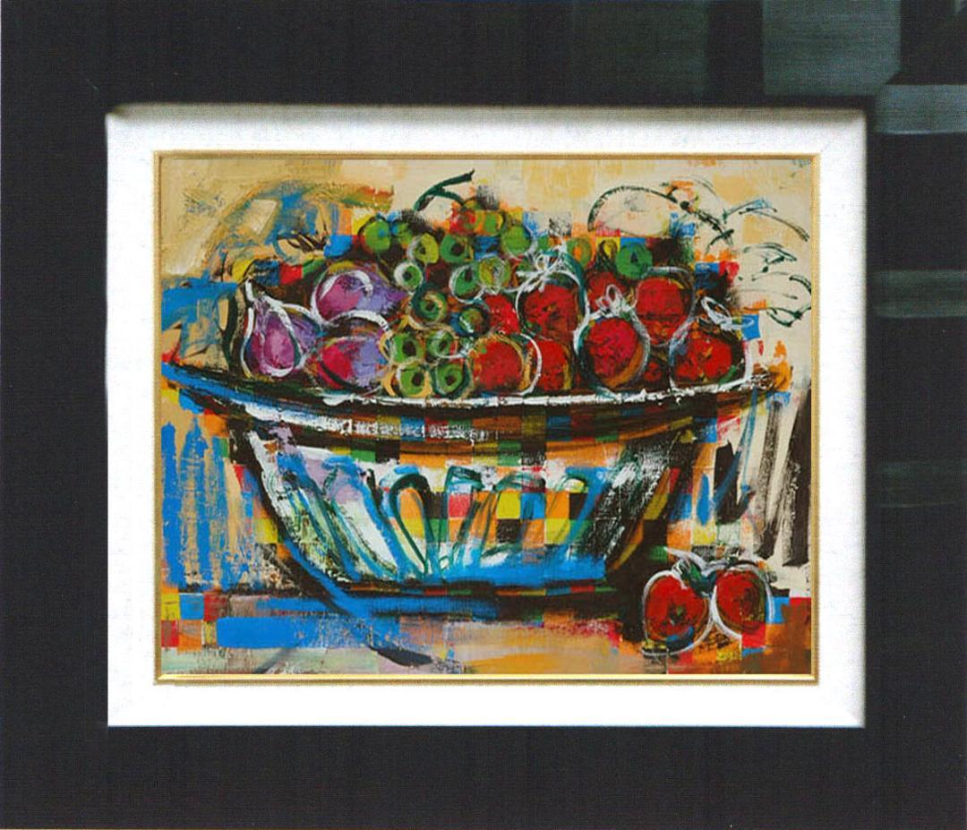 油絵 菅家令子絵 絵画インテリア 額付(青緑＋金色) uF6-120209 果物