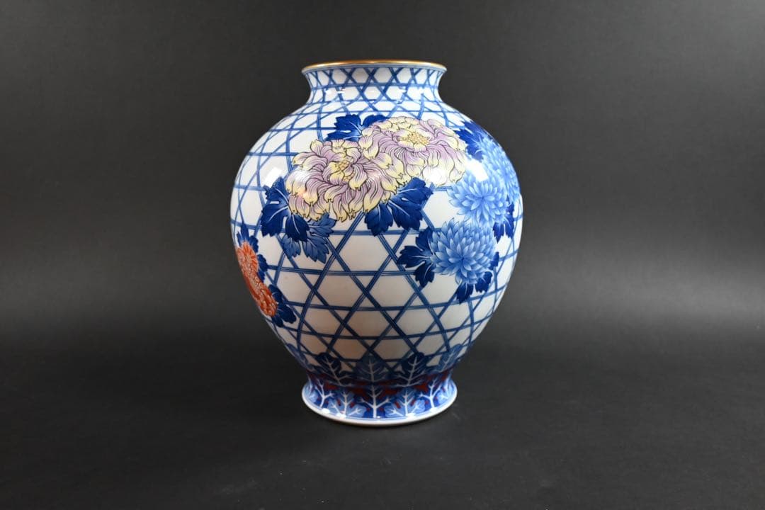 セール　香蘭社　オールド香蘭社　染錦　篭菊文　花瓶　香蘭社謹製　明治天皇献上品