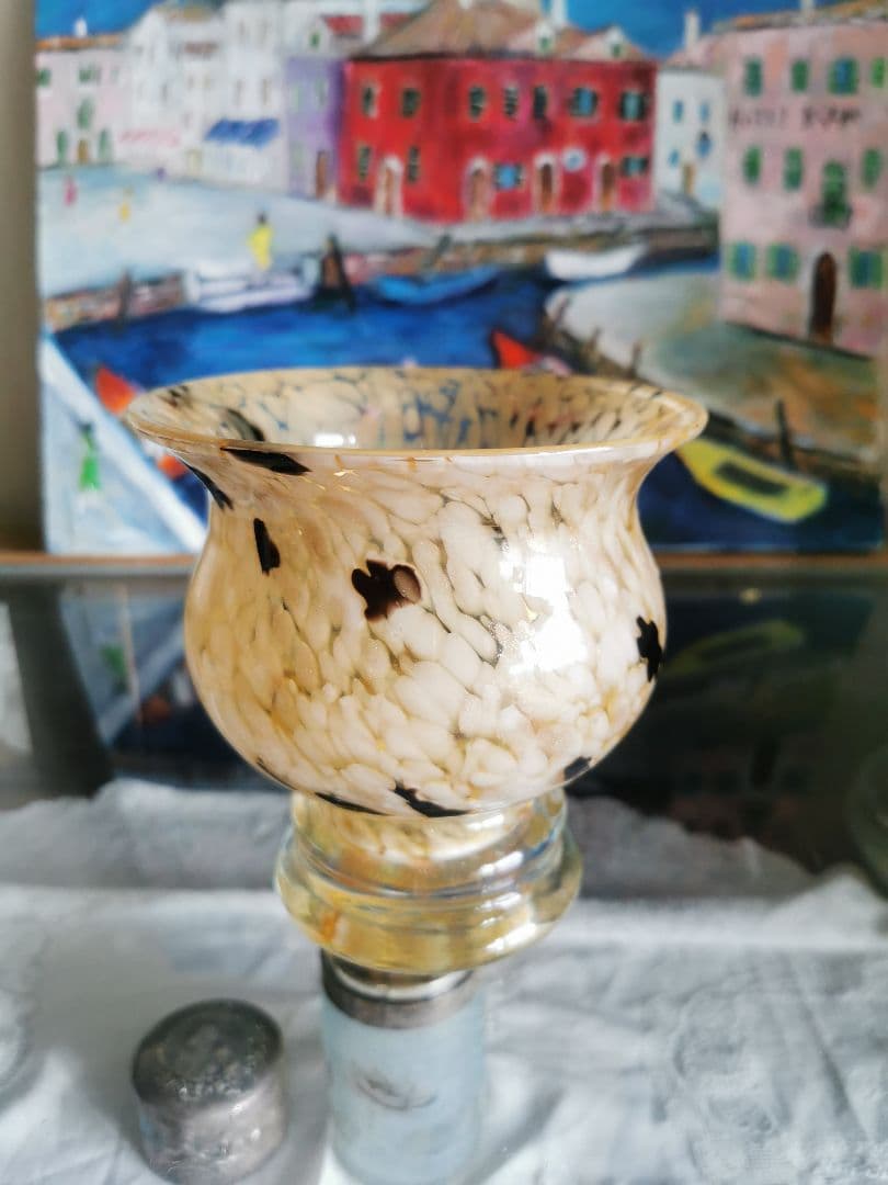 アンティーク ヴェネチアンガラス アンバー＆白＆鼈甲色＆金粉 工房物ラージベース