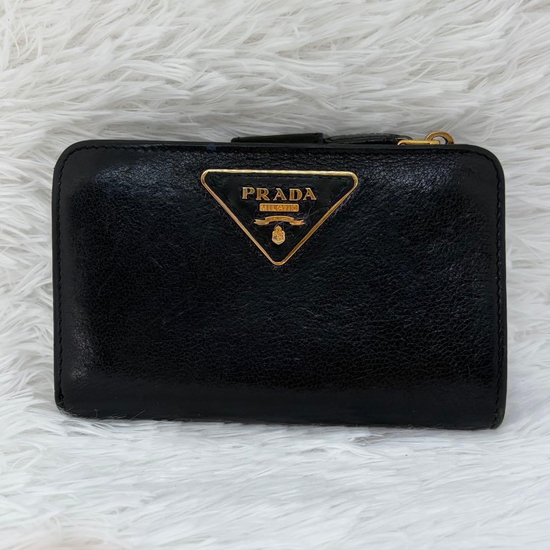 美品✨ プラダ　二つ折り財布 L字ファスナー 三角ロゴ　レザー　サフィアーノ　黒