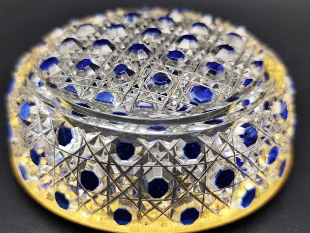 超希少品★江戸切子 須田秀石 蓋物 瑠璃被 籠目紋（切子、江戸切子、薩摩切子）