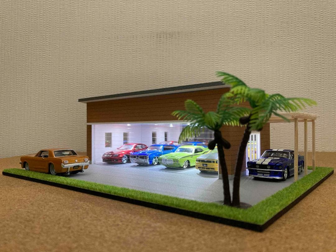 ミニカー専用ジオラマ：1/64 木造パーゴラ付ガレージ（ブラウン）期間限定セール