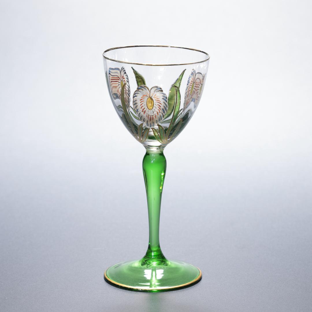 【美品】アンティークグラス　エナメル彩　花　ステム緑　R1338ダI