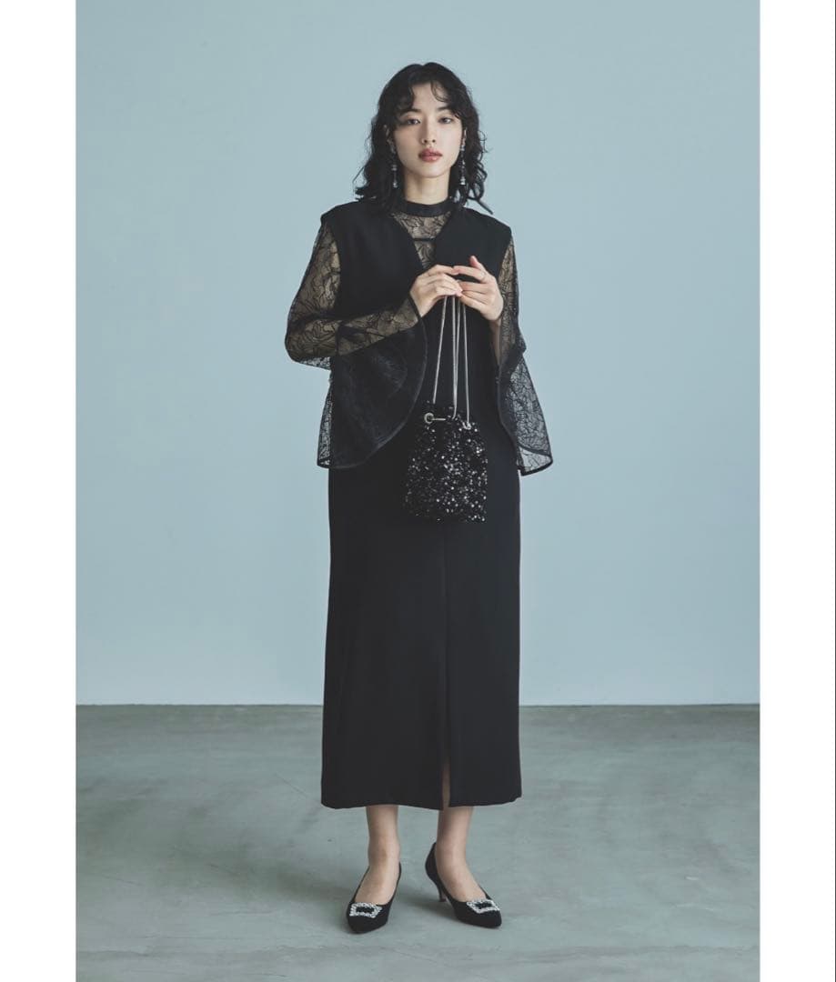 ベルスリーブスリットドレス パーティードレス 結婚式 同窓会 お呼ばれワンピース