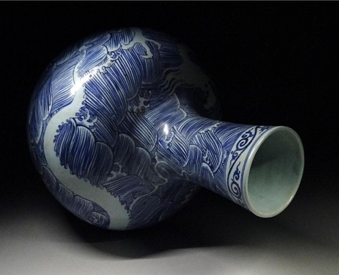 中国古玩 染付 龍濤文 天球瓶 高約42.5cm 唐物 t97383