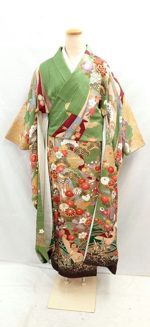 FN11979y 早い者勝ち！着物 振袖 正絹 花柄 御所車 155〜165cm