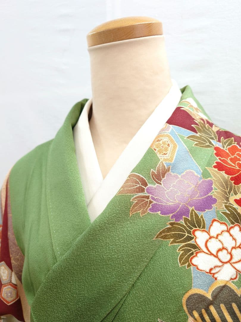 FN11979y 早い者勝ち！着物 振袖 正絹 花柄 御所車 155〜165cm