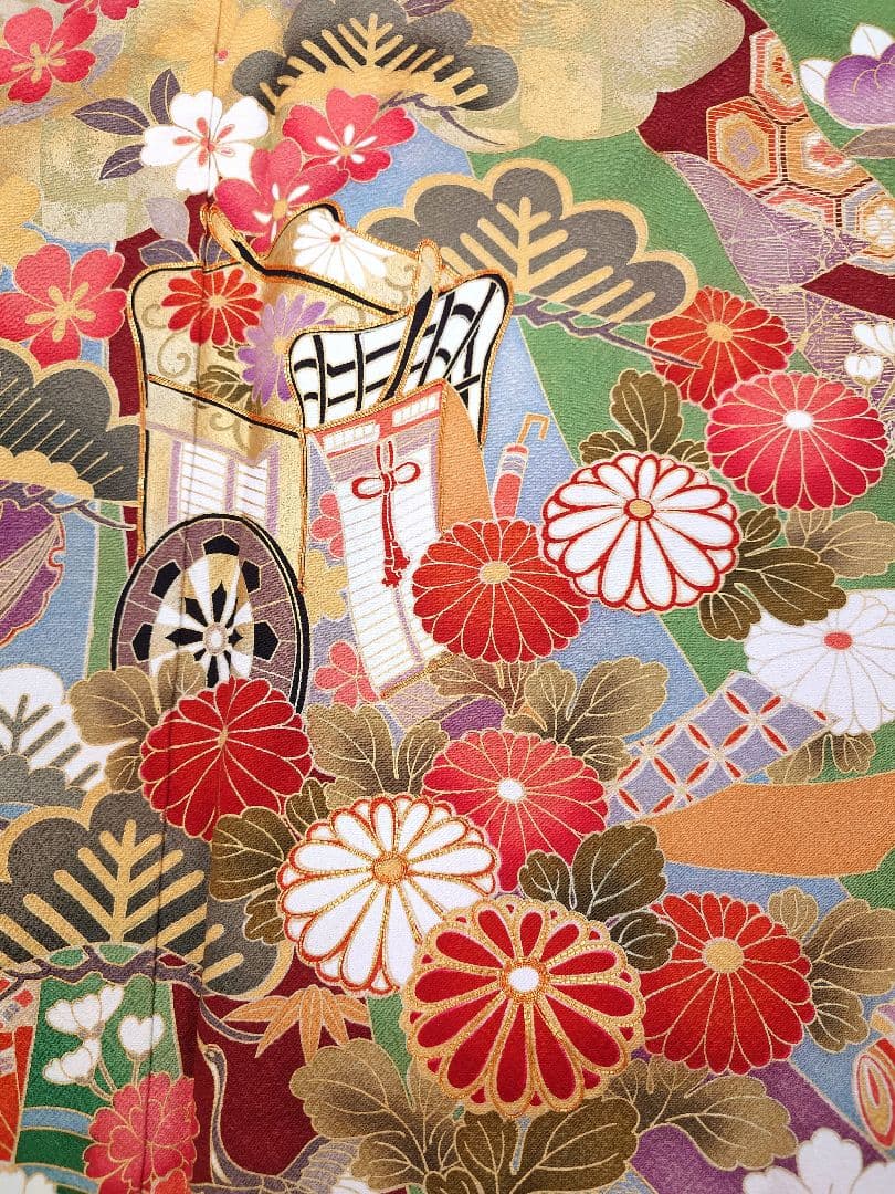 FN11979y 早い者勝ち！着物 振袖 正絹 花柄 御所車 155〜165cm