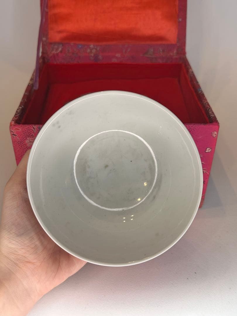 玫紅釉 粉釉 花卉文 碗　荷花・向日葵・牡丹文　中国古美術　時代物　錦箱付