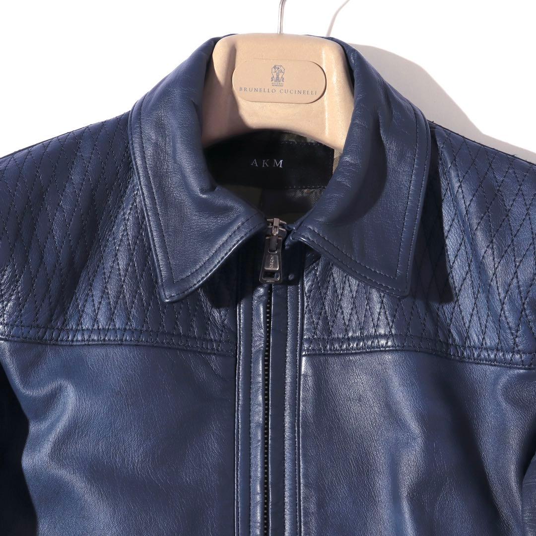AKM エイケイエム 美レザー ジャケット ライダース 牛革 ネイビー S!!