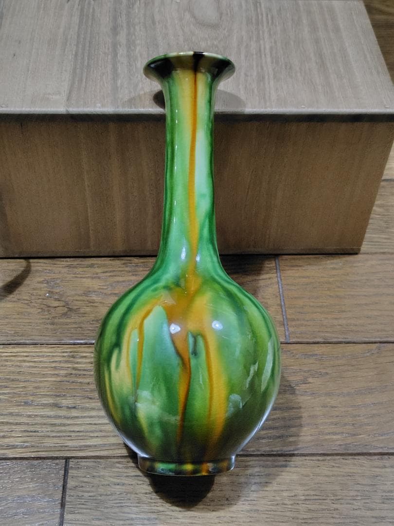 清水六兵衛 三彩流泑鶴首花瓶 　共箱