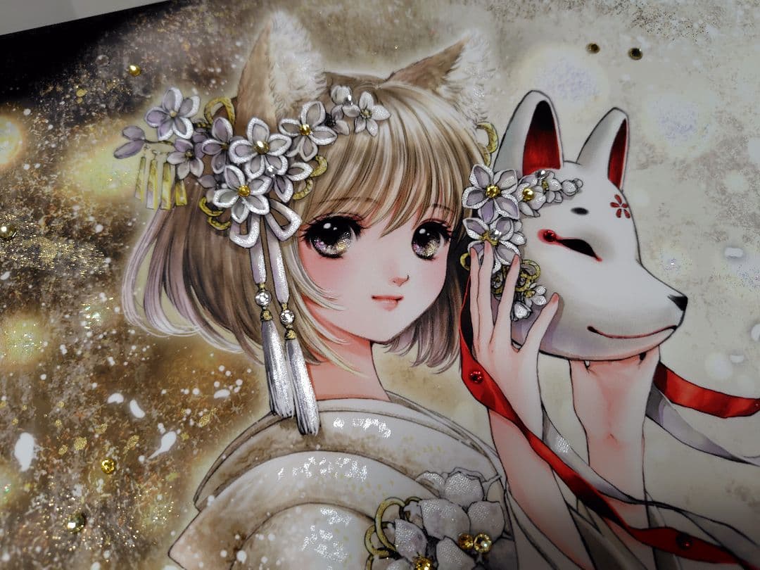 幻想堂　キャンバスアート 白無垢狐 直筆イラスト&サイン入り