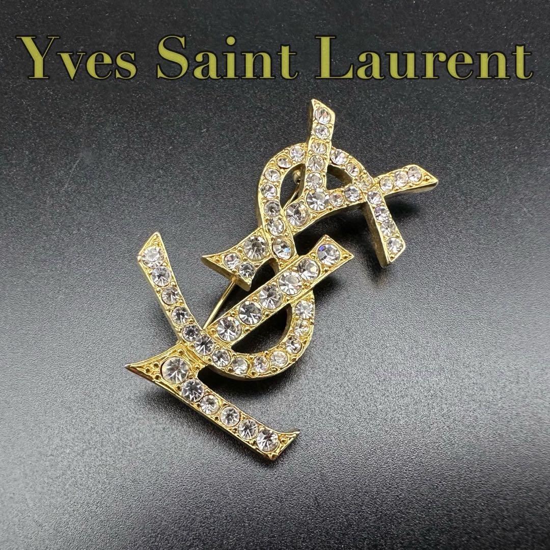未使用級✨　YSL　イヴ・サンローラン　ブローチ　ラインストーン　ロゴ　971