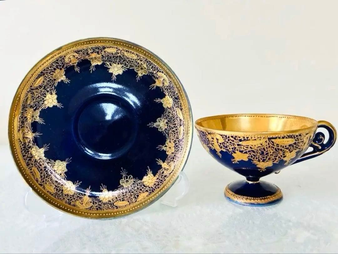 オールドノリタケ 金彩金盛コバルト地ティーセット　カップ&ソーサー　ティーポット
