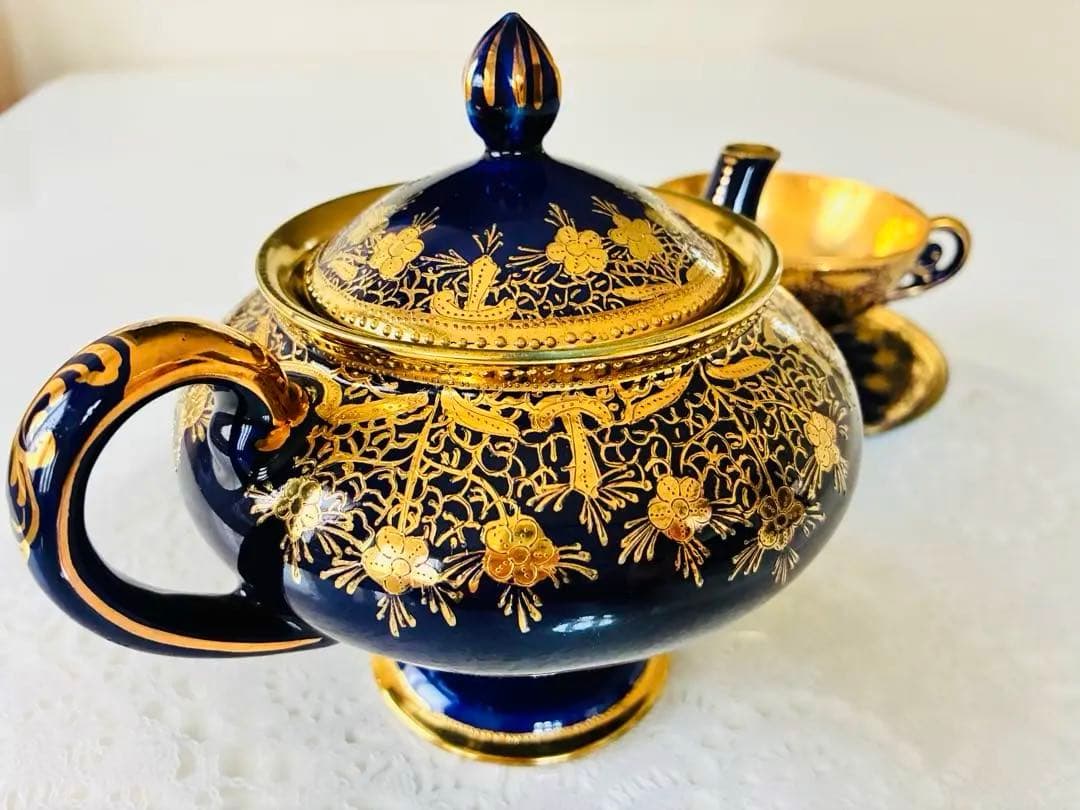 オールドノリタケ 金彩金盛コバルト地ティーセット　カップ&ソーサー　ティーポット