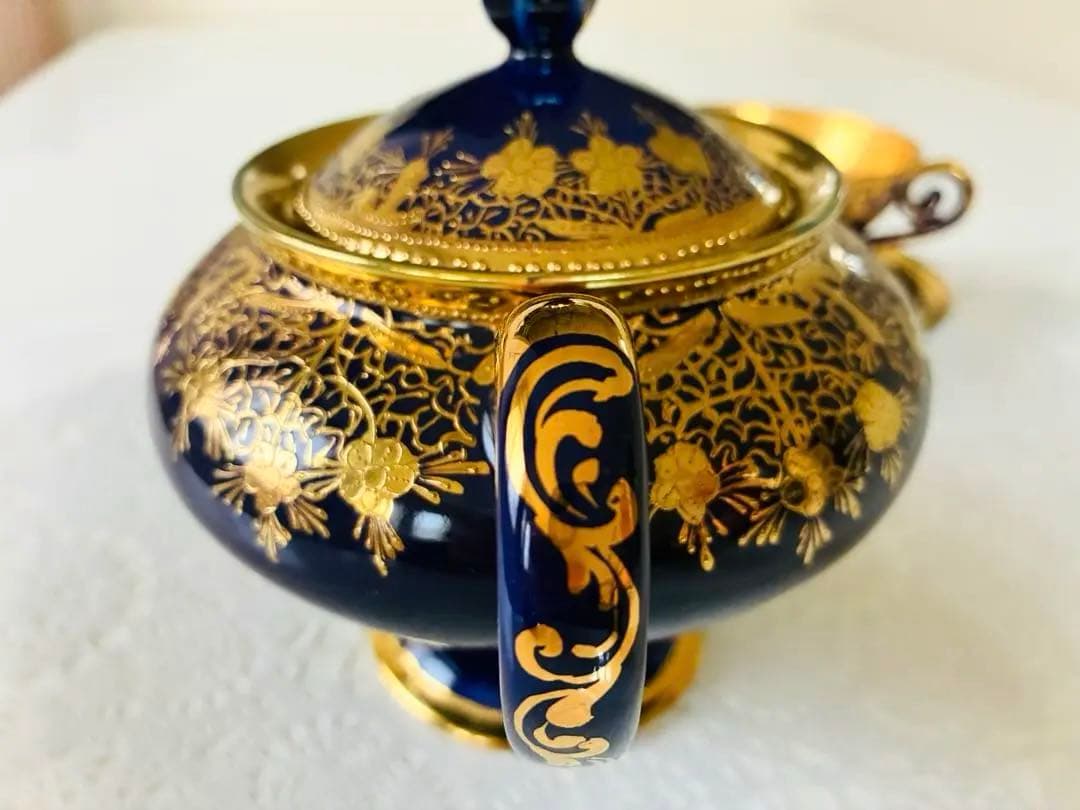 オールドノリタケ 金彩金盛コバルト地ティーセット　カップ&ソーサー　ティーポット