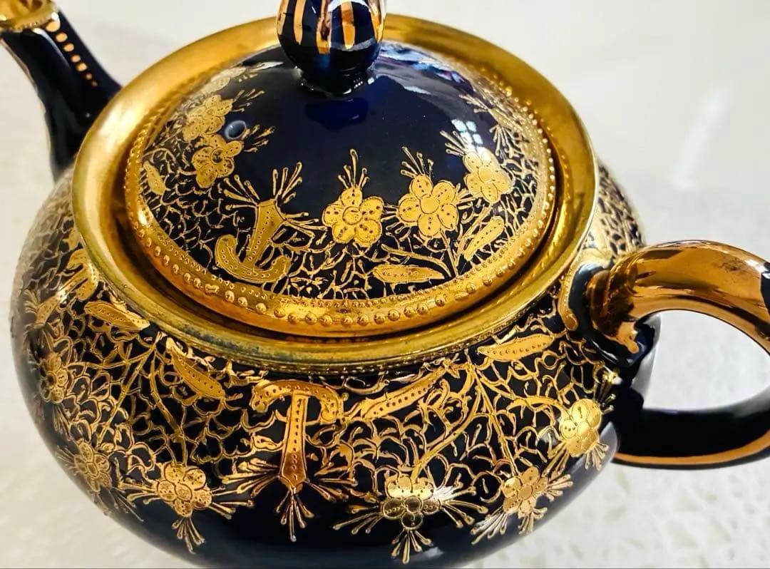 オールドノリタケ 金彩金盛コバルト地ティーセット　カップ&ソーサー　ティーポット