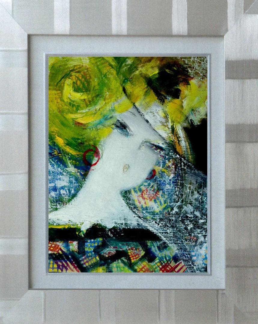 油絵 菅家令子 絵 絵画インテリア額付(青緑＋金色の枠) F6-080312女性