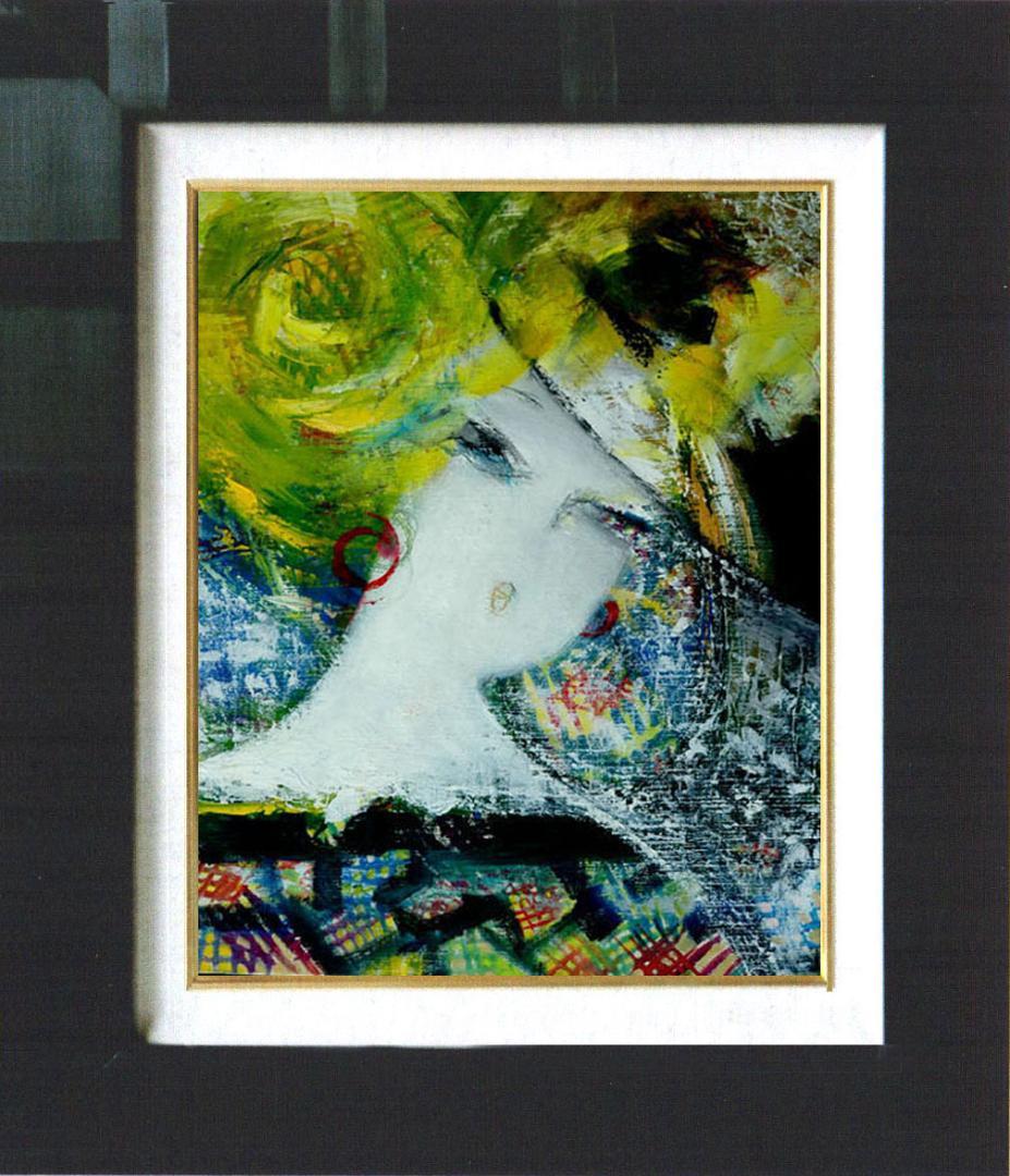 油絵 菅家令子 絵 絵画インテリア額付(青緑＋金色の枠) F6-080312女性