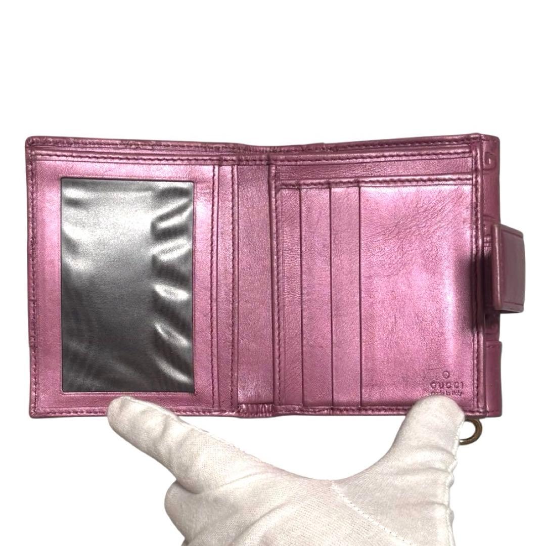 グッチ　折り財布　GGシマ　レザー　メタルピンク　チャーム　ハート　Wホック