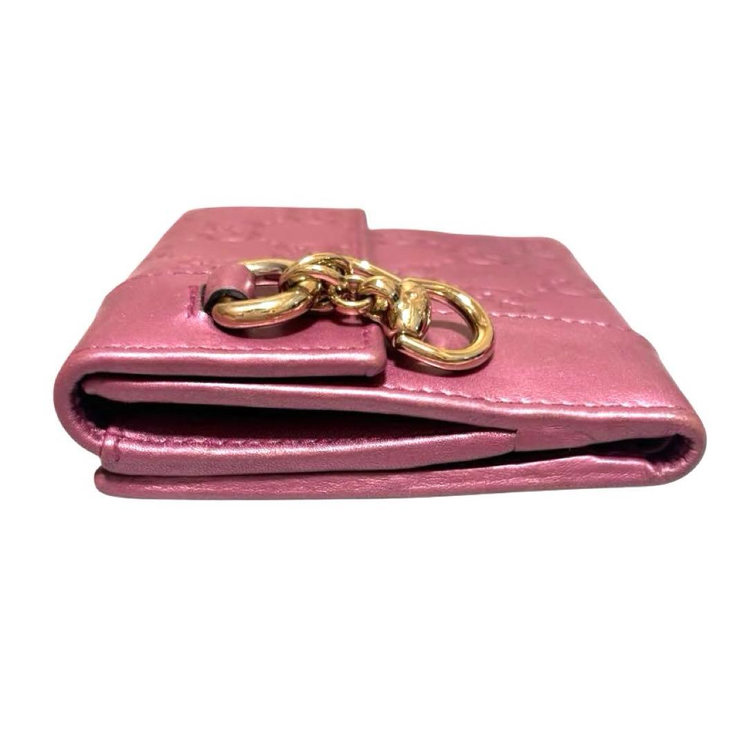 グッチ　折り財布　GGシマ　レザー　メタルピンク　チャーム　ハート　Wホック