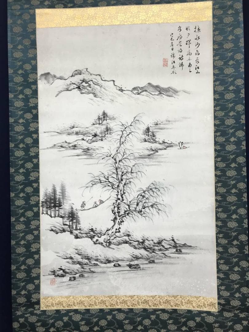 【真作】錦江/山水遊舟画賛/山水図/掛軸/名家伝来/AC-238