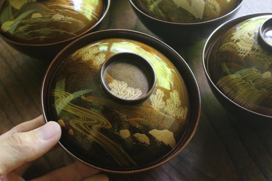 時代逸品！時代総梨地に優美な山水楼閣蒔絵の映えるお椀5点（検輪島塗蒔絵椀懐石椀